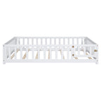 Full Size Floor Platform Bed with Fence and Door for Kids