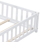 Full Size Floor Platform Bed with Fence and Door for Kids