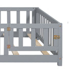 Full Size Floor Platform Bed with Fence and Door for Kids