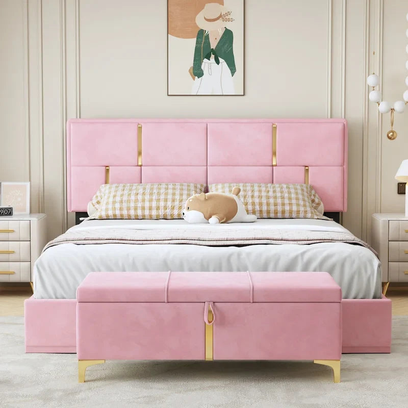 2-Pieces Bedroom Sets Queen Size Bed with Storage Ottoman