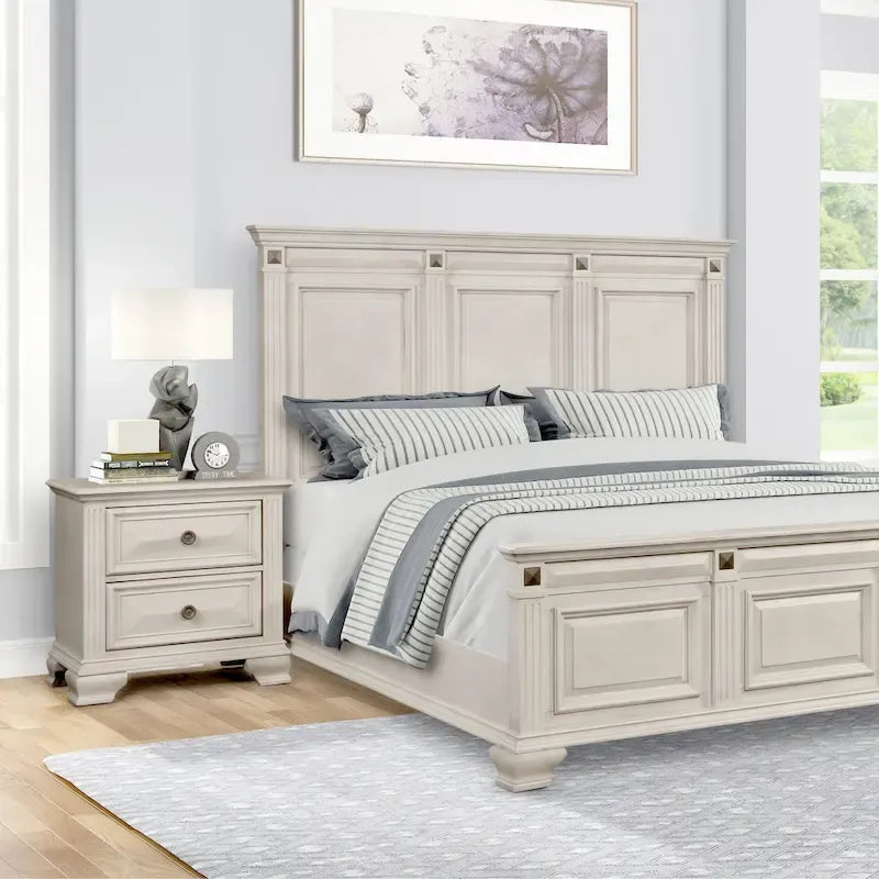 Renova 3-Piece Distressed Parchment Wood Bedroom Set, Panel Bed with 2 Nightstands