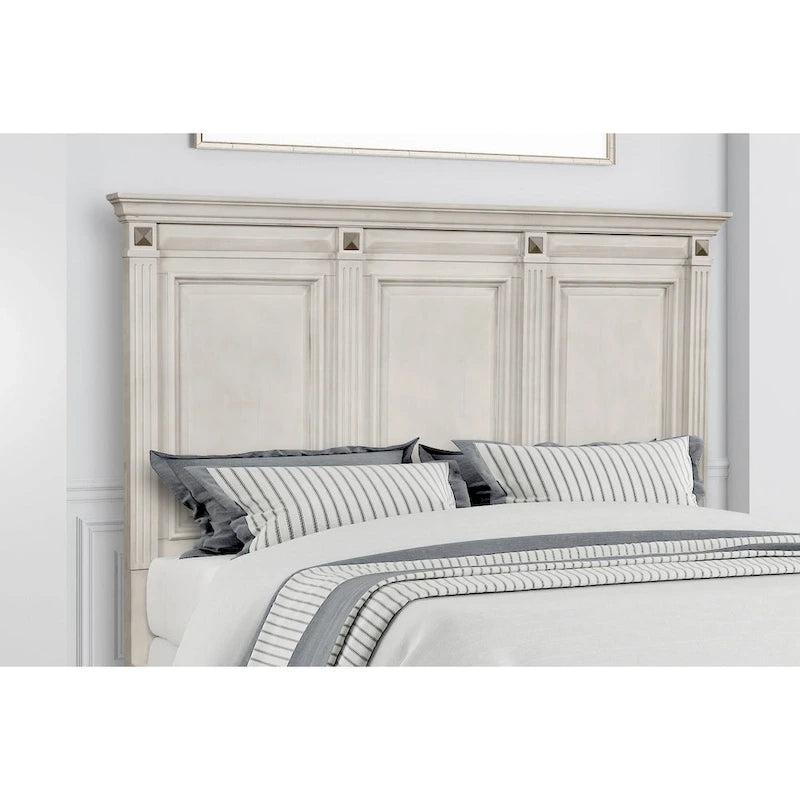 Renova 3-Piece Distressed Parchment Wood Bedroom Set, Panel Bed with 2 Nightstands
