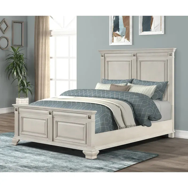 Renova 3-Piece Distressed Parchment Wood Bedroom Set, Panel Bed with 2 Nightstands