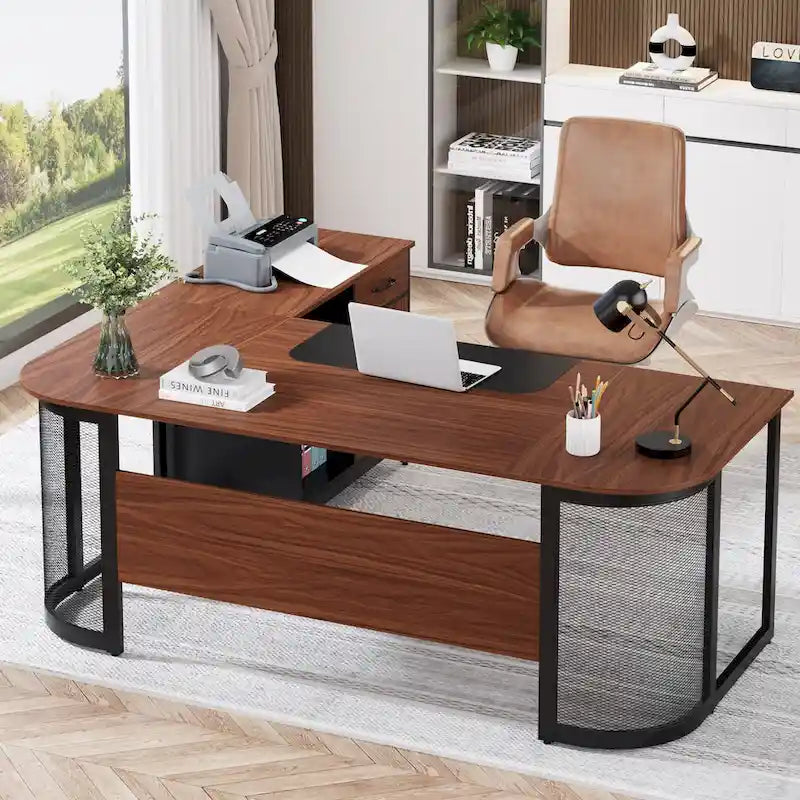 Large 63 L-Shaped Executive Office Desk with 31 File Cabinet