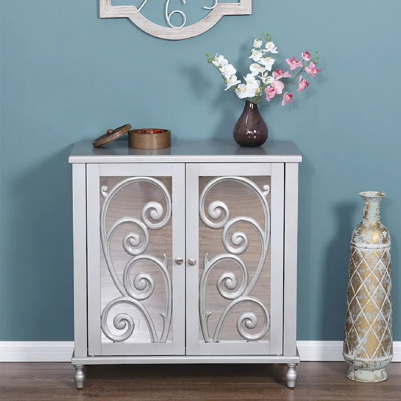 Sophia & William Silver 2-Door Fujimori Mirror Accent Storage Cabinet