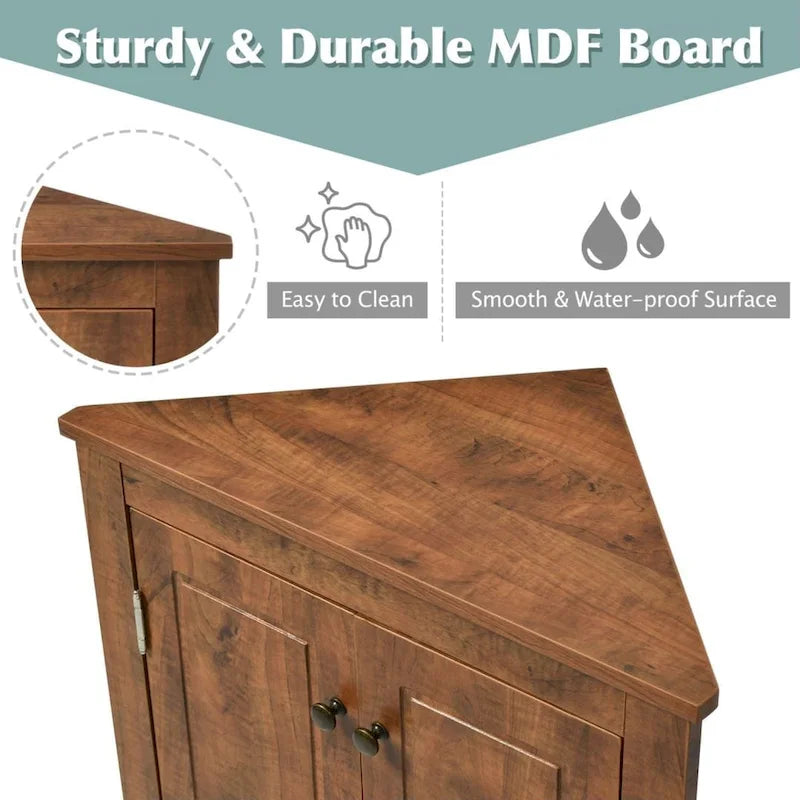 Brown Triangle Bathroom Storage Cabinet with Adjustable Shelves, Freestanding Floor Cabinet