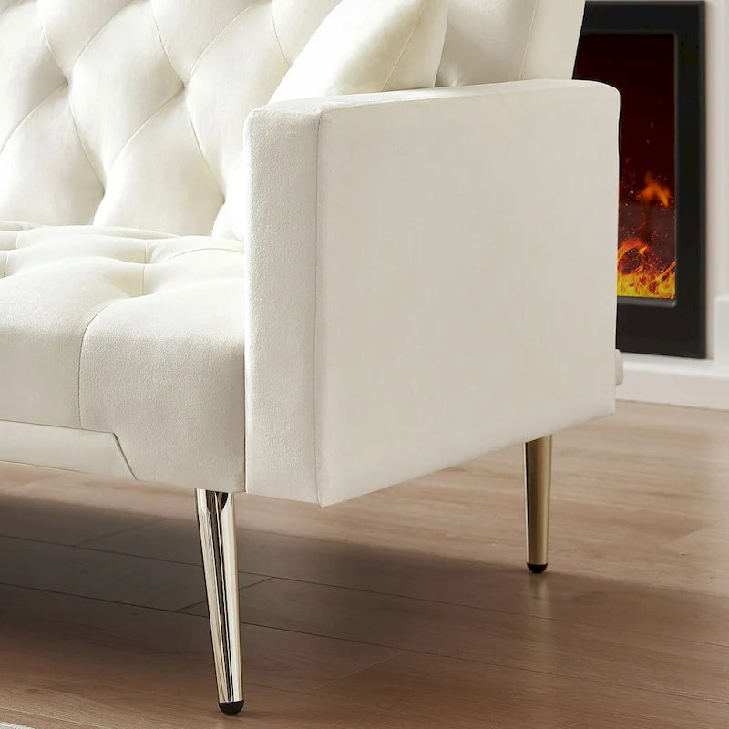 Tufted Upholstered Convertible Folding Sofa Bed Cream White