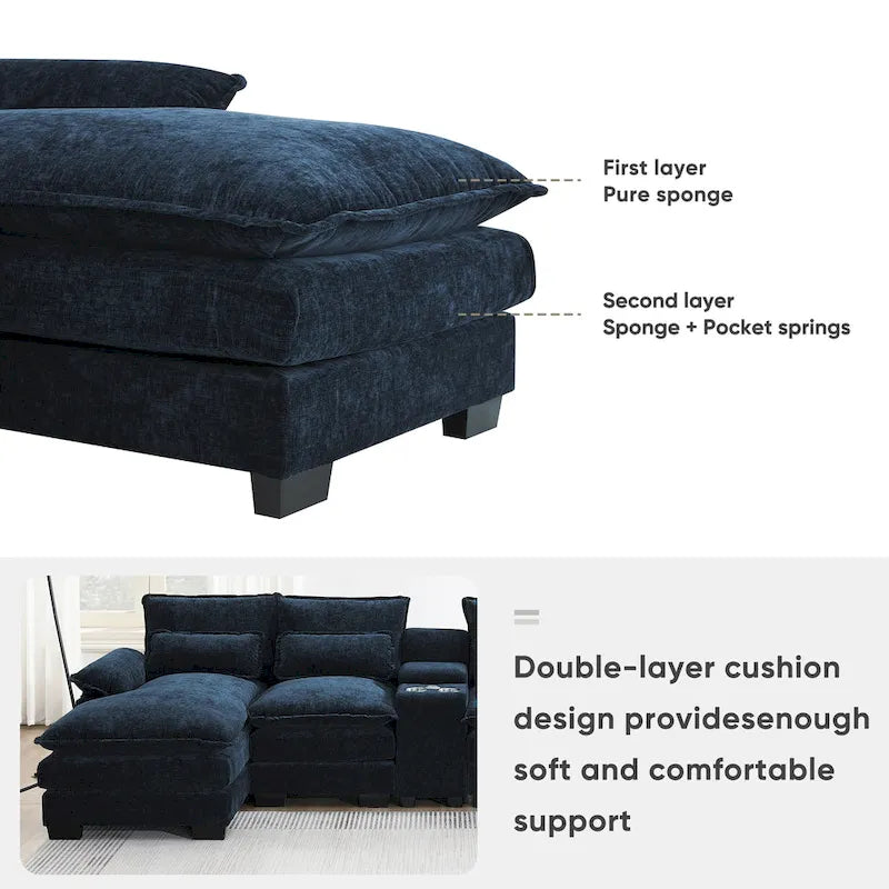 [VIDEO provided][New]123*55 Modern U-shaped Sofa with Console,Cupholders and USB Ports,6-seat Upholstered Symmetrical Indoor Fu