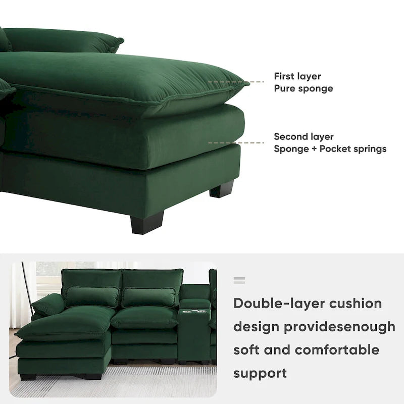 [VIDEO provided][New]123*55 Modern U-shaped Sofa with Console,Cupholders and USB Ports,6-seat Upholstered Symmetrical Indoor Fu