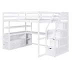 Full Size Loft Bed with Desk and Shelves, Two Built-in Drawers, Storage Staircase, Gray