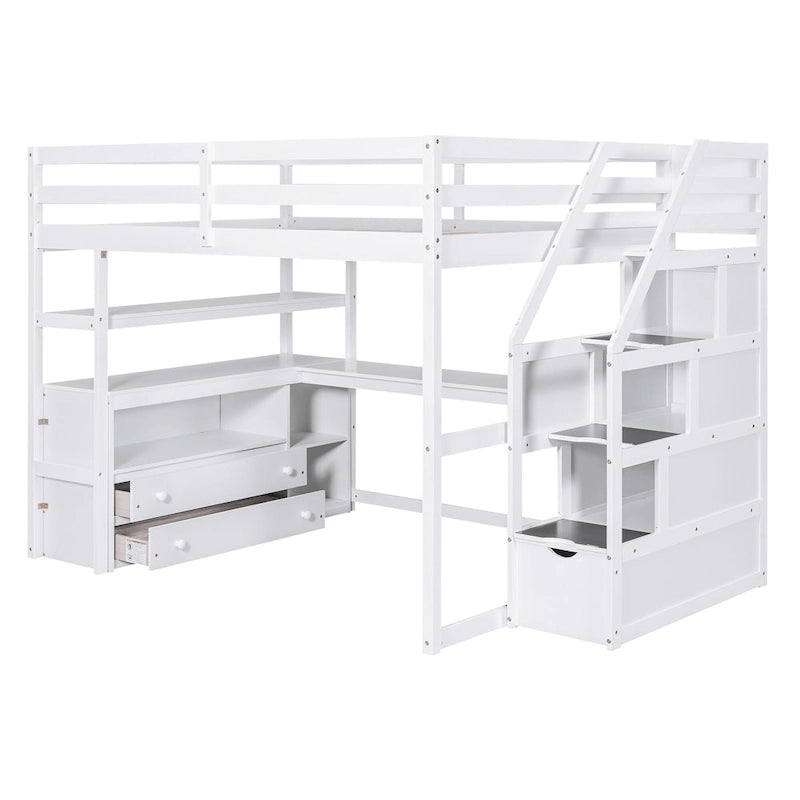 Full Size Loft Bed with Desk and Shelves, Two Built-in Drawers, Storage Staircase, Gray
