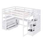 Full Size Loft Bed with Desk and Shelves, Two Built-in Drawers, Storage Staircase, Gray