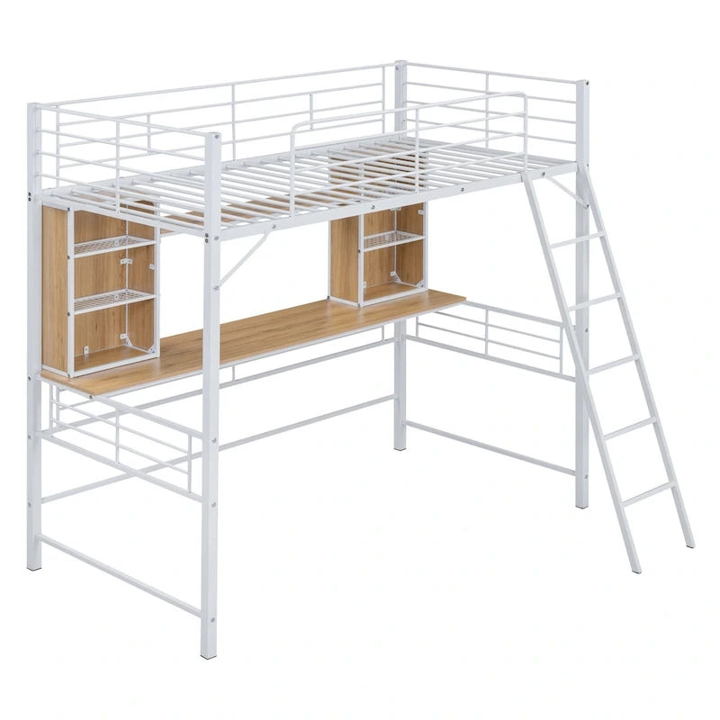 Twin Size Loft Bed with Desk and Shelf , Loft Bed with Ladder,Twin,Black