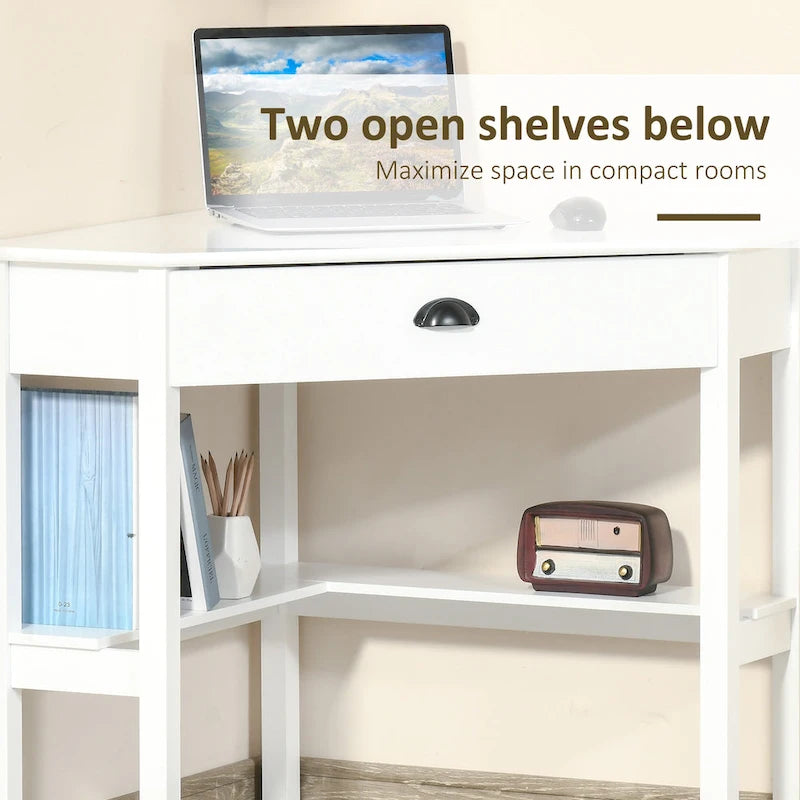 HOMCOM Corner Desk, Triangle Computer Desk with Drawer and Storage Shelves for Small Space