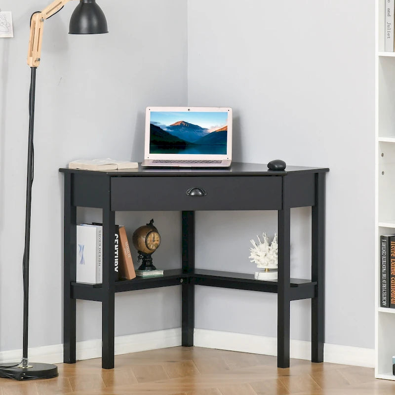 HOMCOM Corner Desk, Triangle Computer Desk with Drawer and Storage Shelves for Small Space