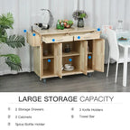 HOMCOM Wooden Rolling Kitchen Island Utility Storage Cart with Drawers, Door Cabinets, and Towel Rack for Dining Room