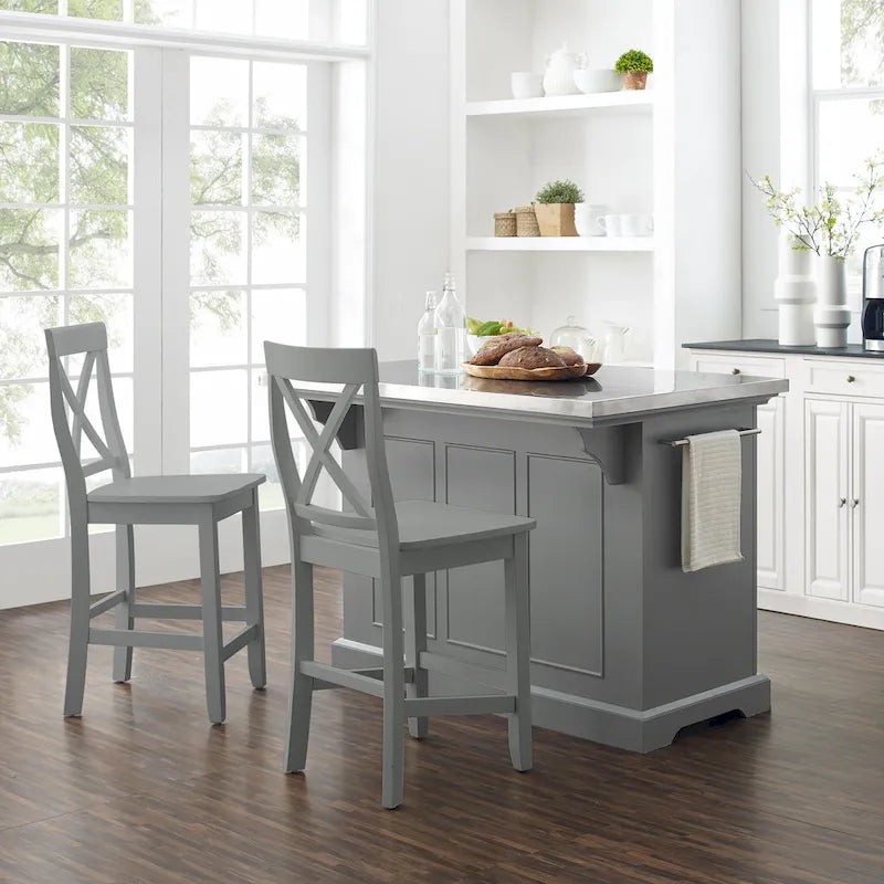 Crosley Julia Stainless Steel Top Island W/X-Back Stools - 50 W x60 D x41H