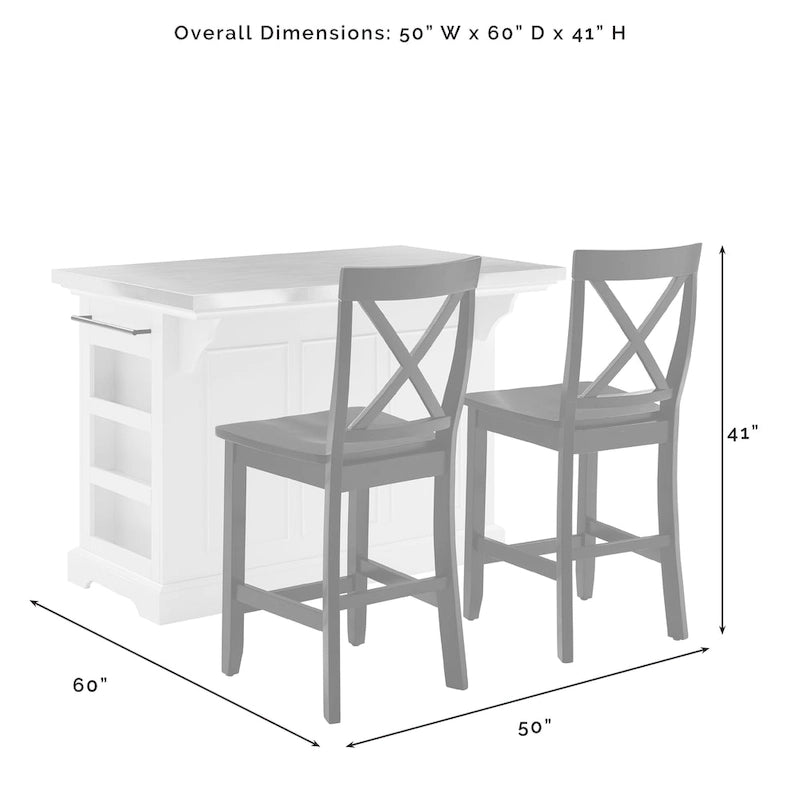 Crosley Julia Stainless Steel Top Island W/X-Back Stools - 50 W x60 D x41H