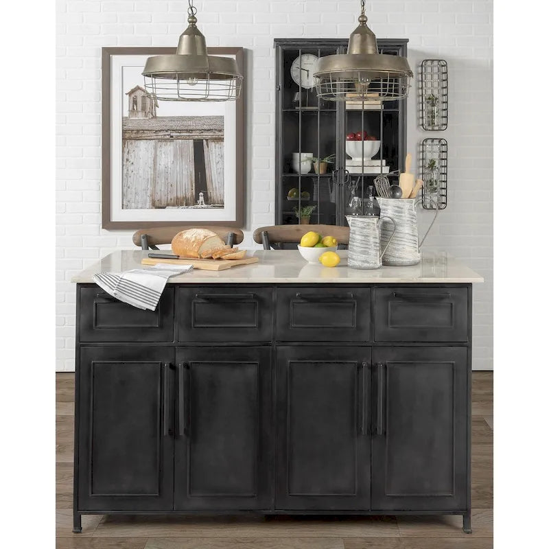 Fieri White Marble Top w/Black Solid Iron Frame Kitchen Island - 58W x 32D x 37H
