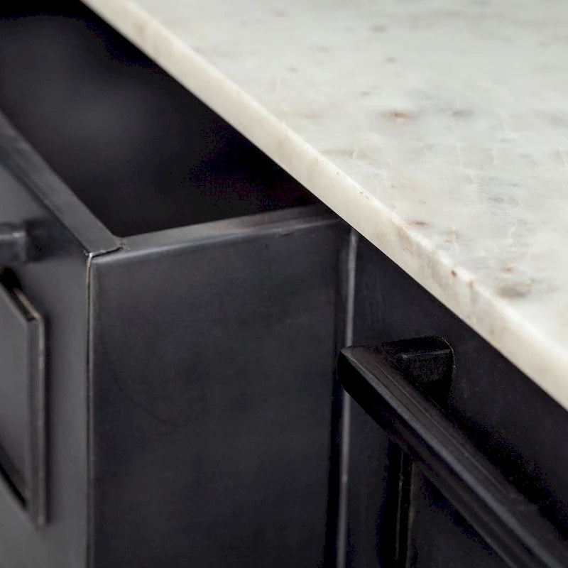 Fieri White Marble Top w/Black Solid Iron Frame Kitchen Island - 58W x 32D x 37H