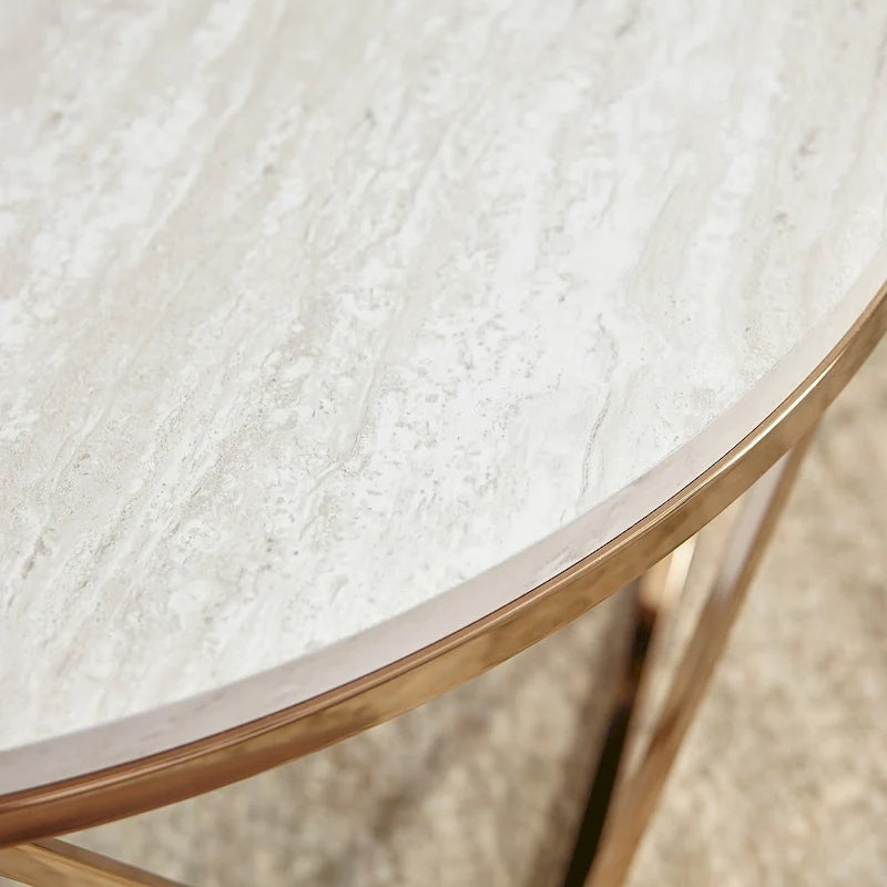 Henderson Modern Faux Marble Round Coffee Table with Gold Geometric Base