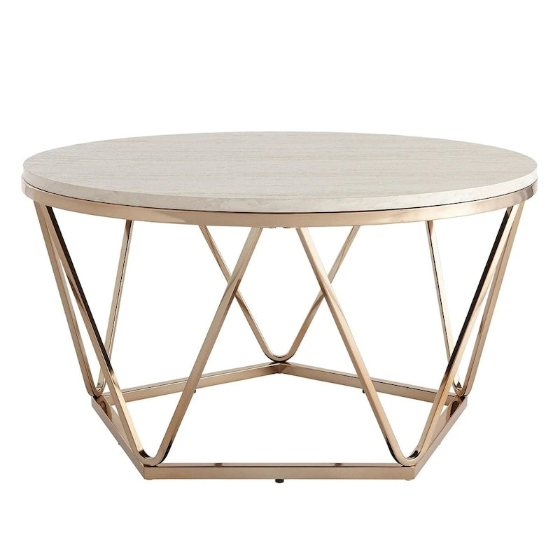Henderson Modern Faux Marble Round Coffee Table with Gold Geometric Base