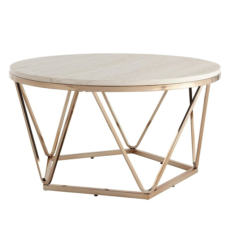 Henderson Modern Faux Marble Round Coffee Table with Gold Geometric Base
