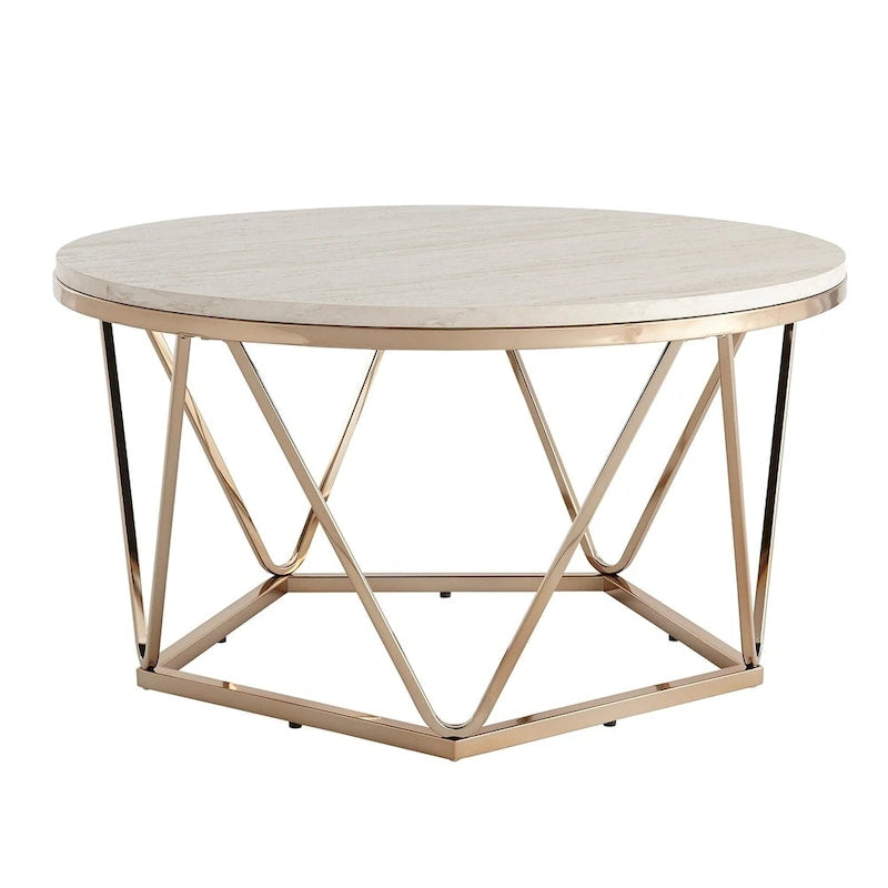 Henderson Modern Faux Marble Round Coffee Table with Gold Geometric Base