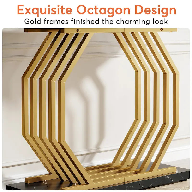 39.37 Gold Console Table, Modern White Marble Sofa Table with Geometric Metal Base