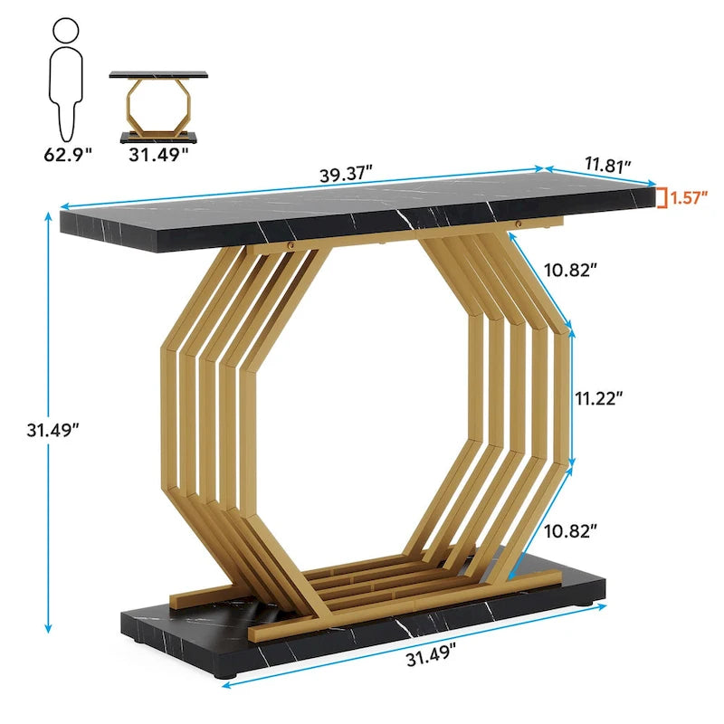 39.37 Gold Console Table, Modern White Marble Sofa Table with Geometric Metal Base