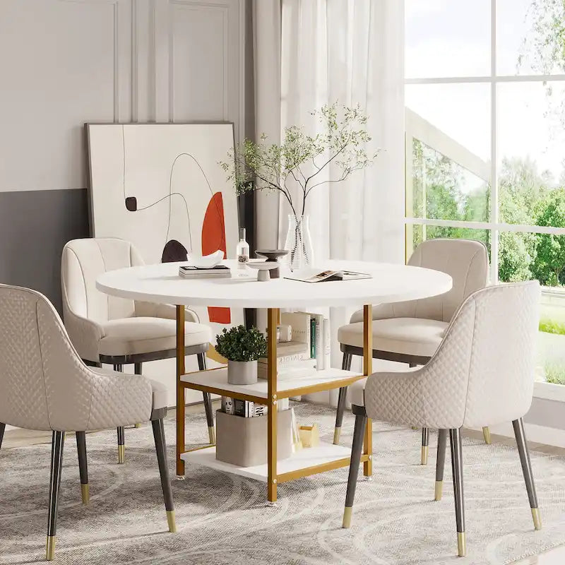 Kitchen Table Dining Table for 4 with Storage Shelf Metal Legs Wood Table Top for Home Dining Room Living Room