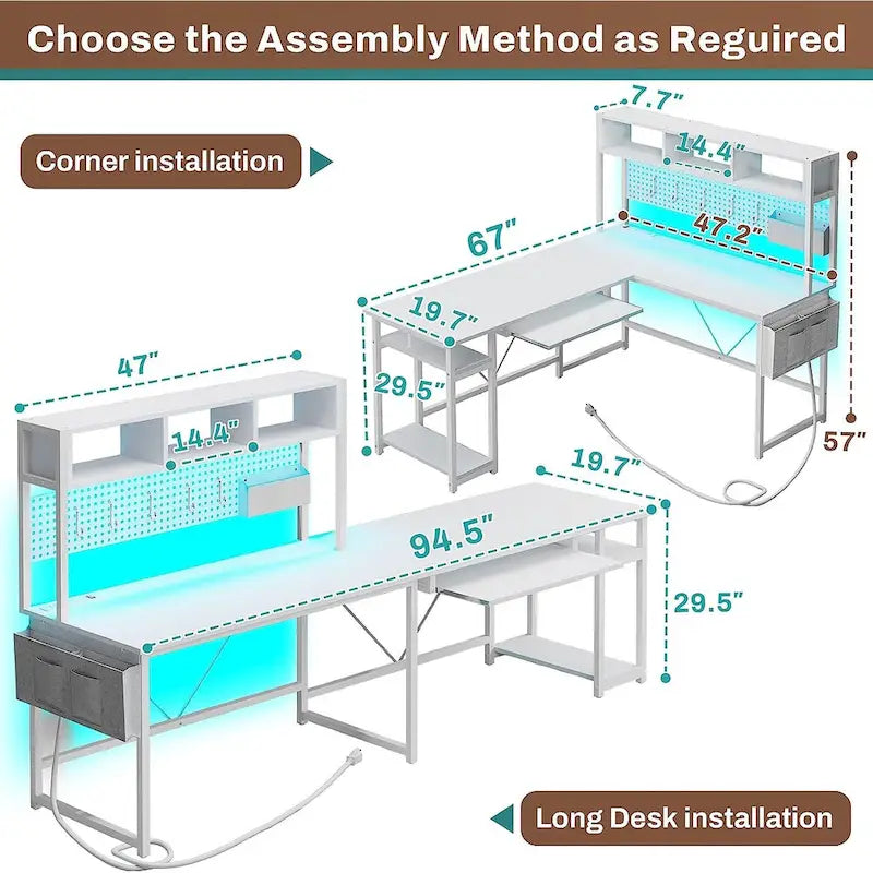 Reversible Computer Desk L Shaped Gaming Desk with Hutch LED Light