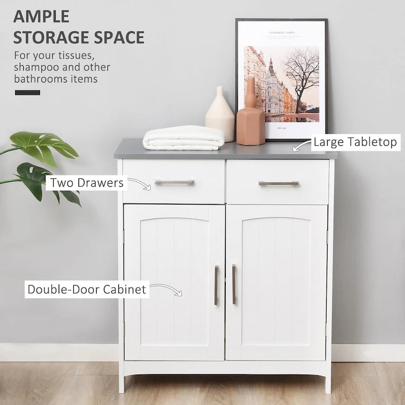 kleankin Bathroom Floor Cabinet, Freestanding Linen Cabinet, Storage Cupboard with 2 Drawers, Double Doors