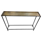 Aurelia 48 Inch Console Sofa Table, Artisanal Hammered Antique Bronze Tray Top, Industrial Black Iron Frame