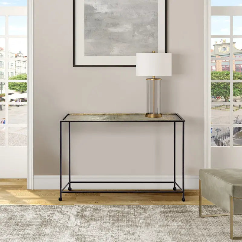 Aurelia 48 Inch Console Sofa Table, Artisanal Hammered Antique Bronze Tray Top, Industrial Black Iron Frame