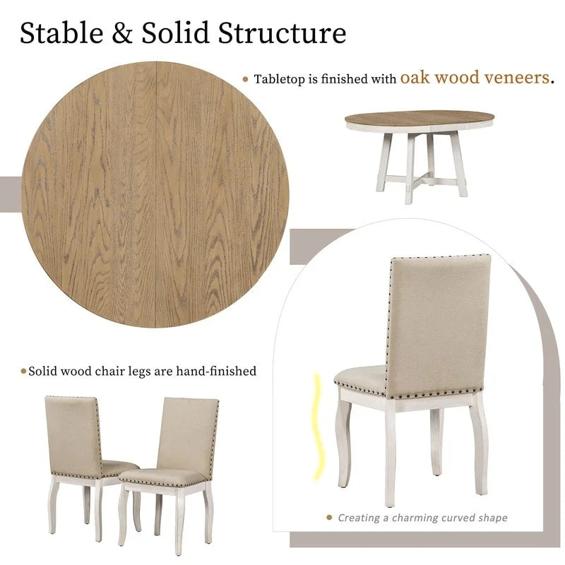 5-Piece Farmhouse Dining Table Set Wood Round Extendable Dining Table and 4 Upholstered Dining Chairs