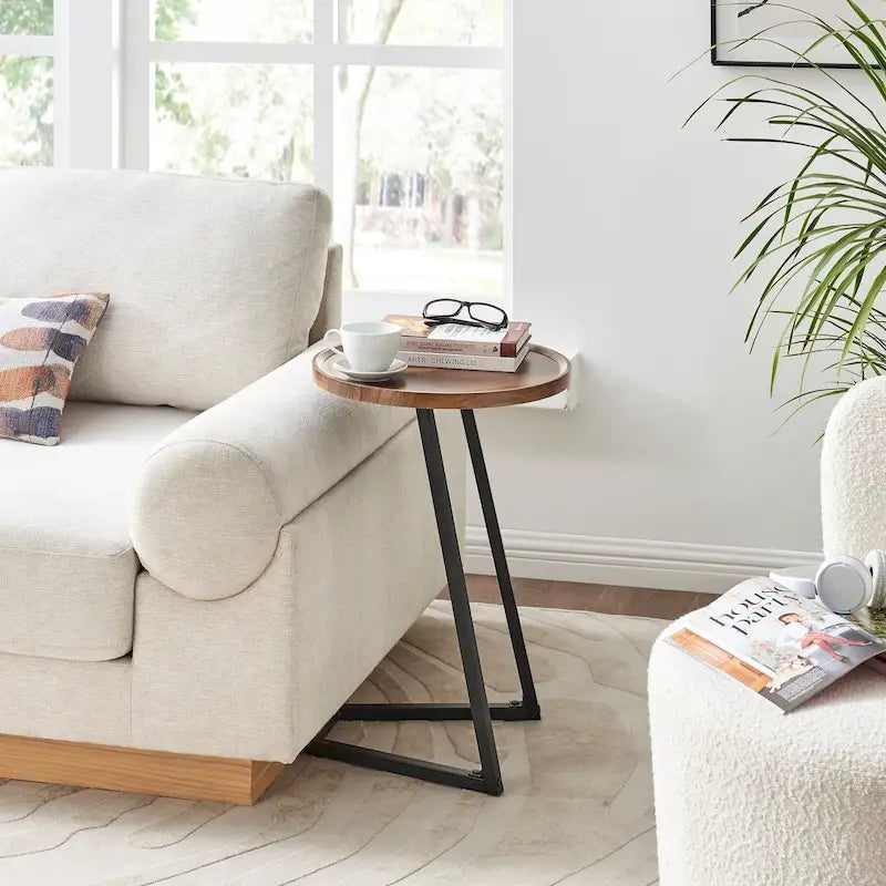 Addison Round Raised Lip Edge Angled Couch-Side Accent C-Table - Black Marble or Brown Walnut