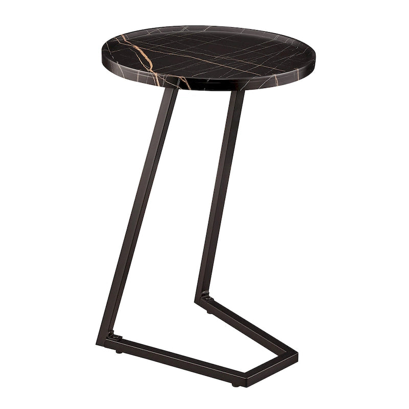 Addison Round Raised Lip Edge Angled Couch-Side Accent C-Table - Black Marble or Brown Walnut