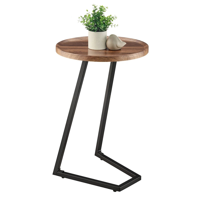 Addison Round Raised Lip Edge Angled Couch-Side Accent C-Table - Black Marble or Brown Walnut
