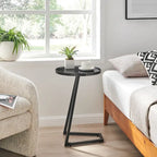 Addison Round Raised Lip Edge Angled Couch-Side Accent C-Table - Black Marble or Brown Walnut