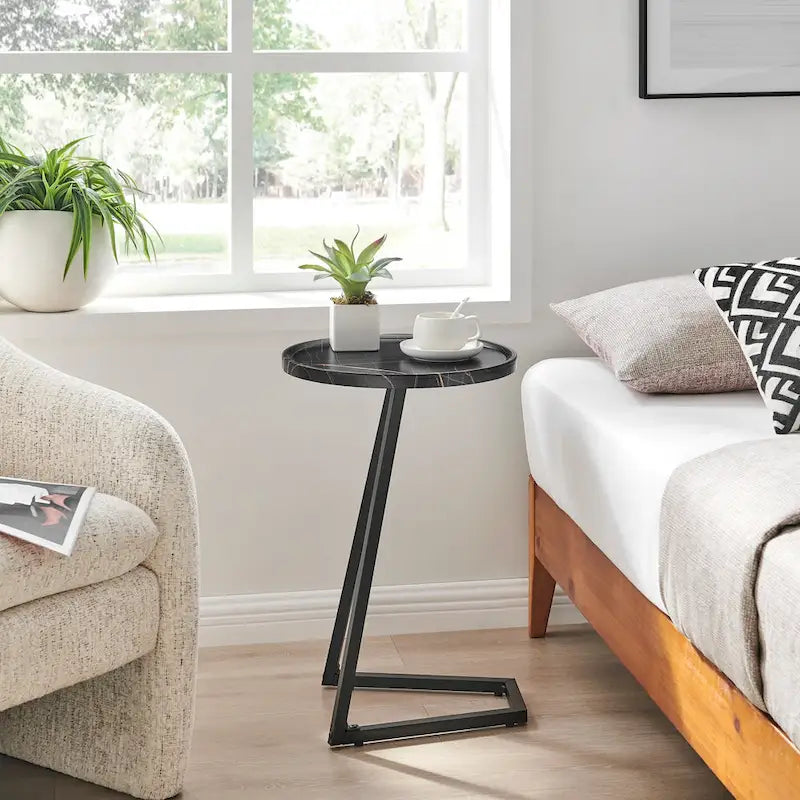 Addison Round Raised Lip Edge Angled Couch-Side Accent C-Table - Black Marble or Brown Walnut