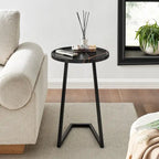 Addison Round Raised Lip Edge Angled Couch-Side Accent C-Table - Black Marble or Brown Walnut
