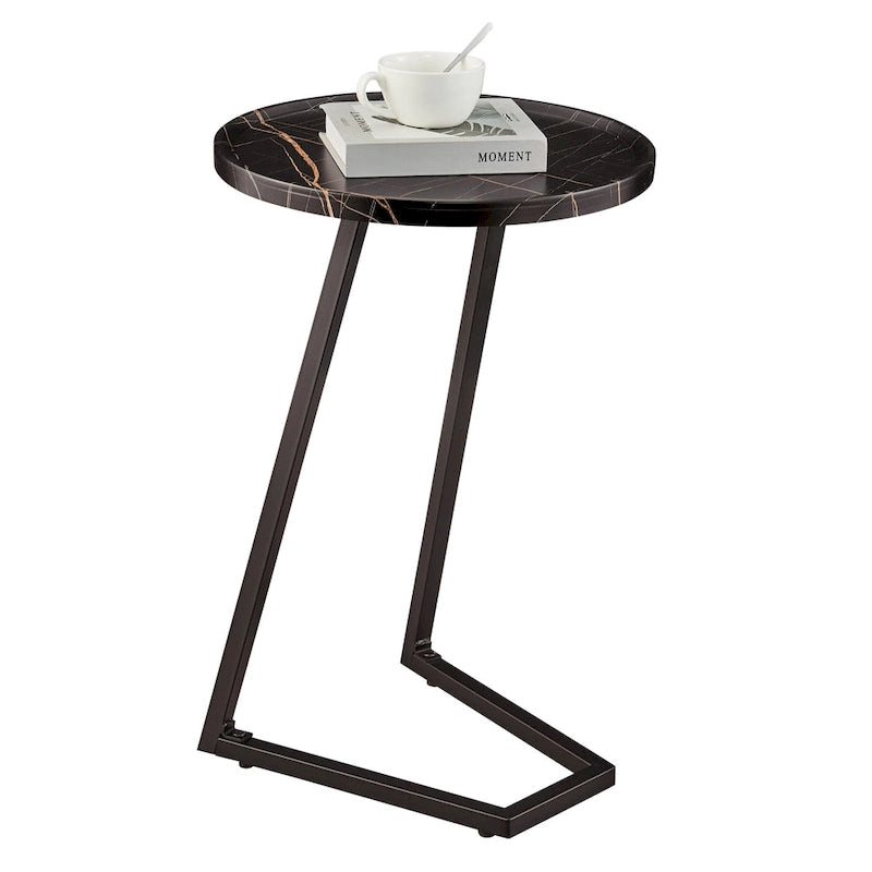 Addison Round Raised Lip Edge Angled Couch-Side Accent C-Table - Black Marble or Brown Walnut
