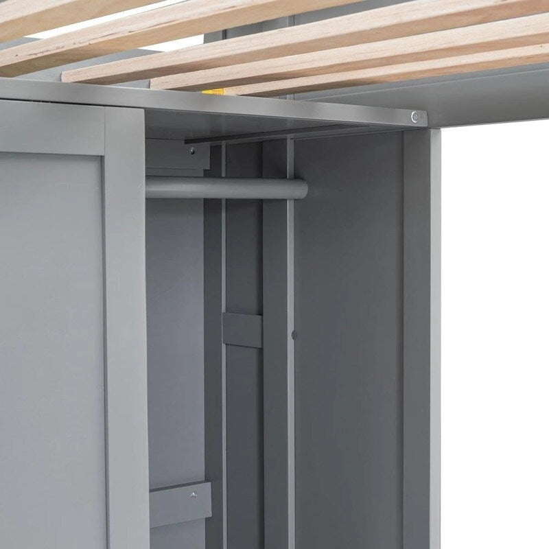 Wood Loft Bed with Multiple Storage Shelves,Desk,Wardrobe and Safety Guaranteed,Twin Size