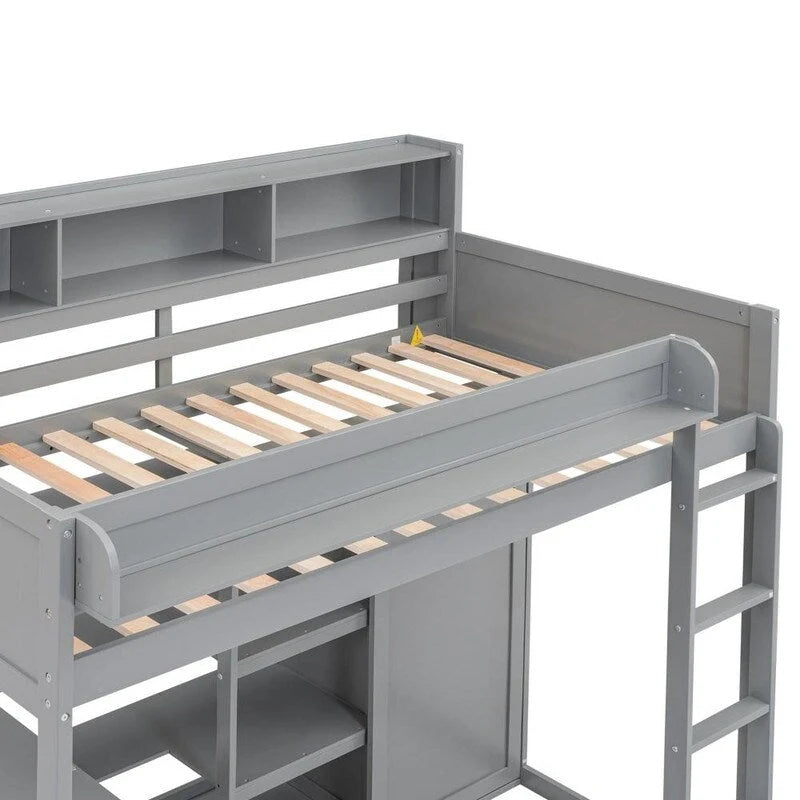 Wood Loft Bed with Multiple Storage Shelves,Desk,Wardrobe and Safety Guaranteed,Twin Size