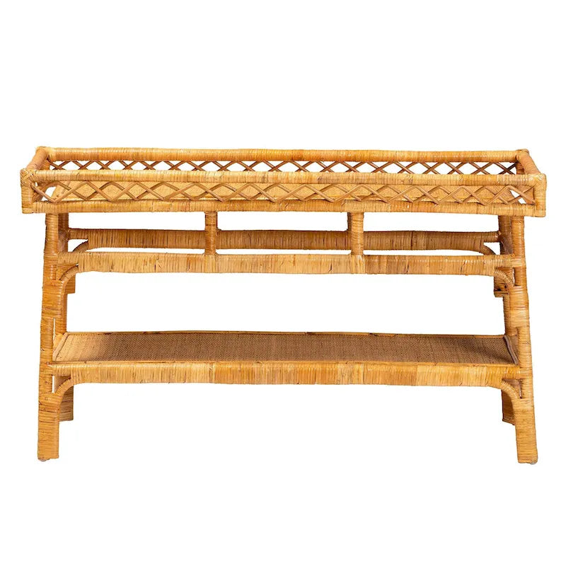 Savitri Modern Bohemian Natural Rattan 2-Tier Console Table
