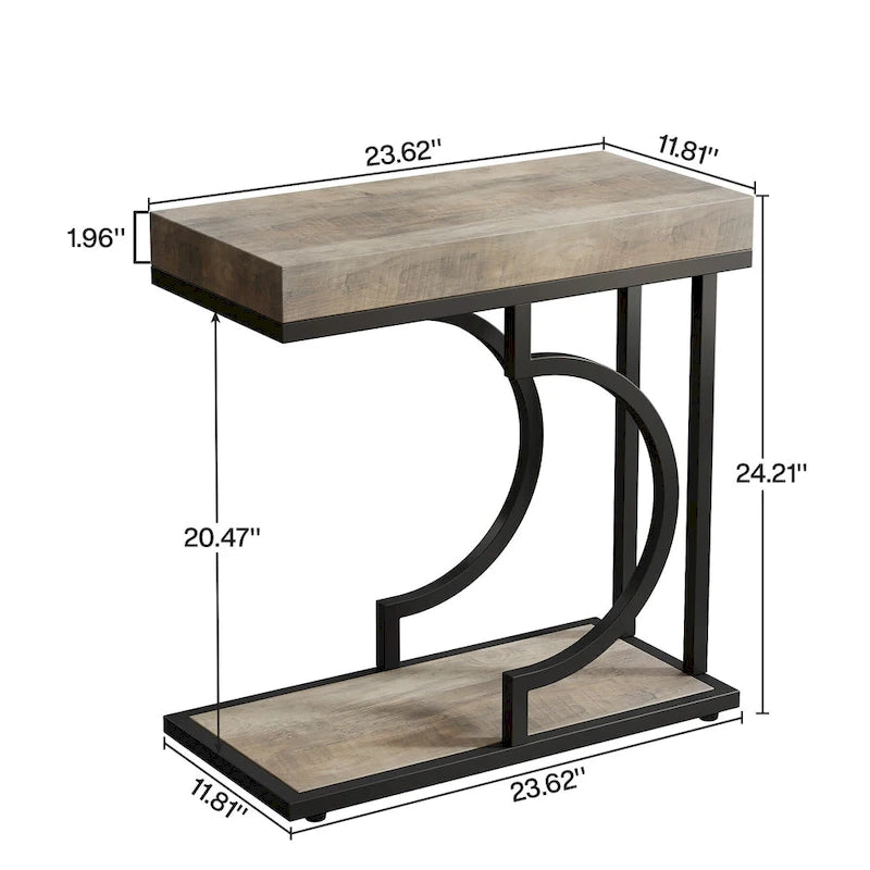 2 Tiers C Shaped Narrow End Chairside Table for Living Room