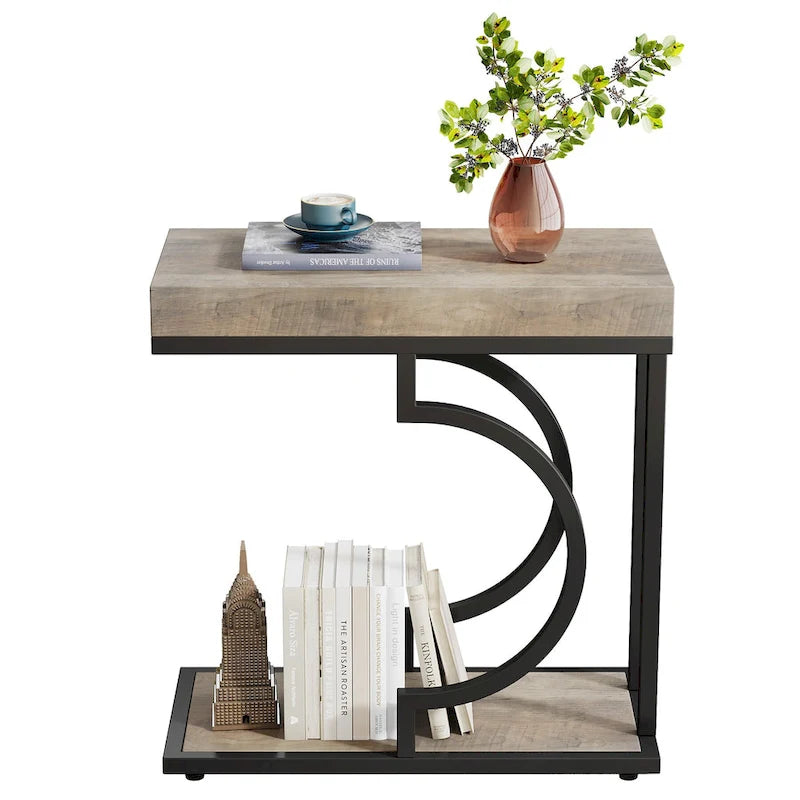 2 Tiers C Shaped Narrow End Chairside Table for Living Room