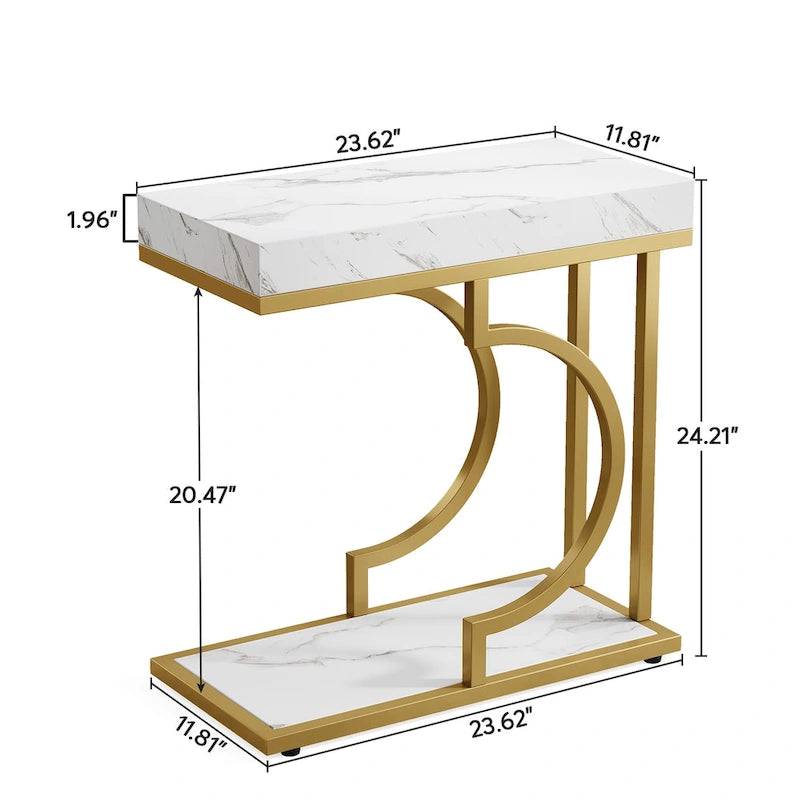 2 Tiers C Shaped Narrow End Chairside Table for Living Room