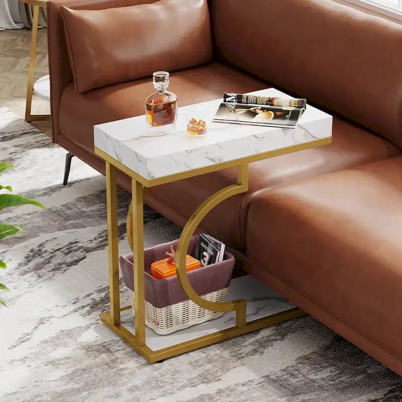 2 Tiers C Shaped Narrow End Chairside Table for Living Room